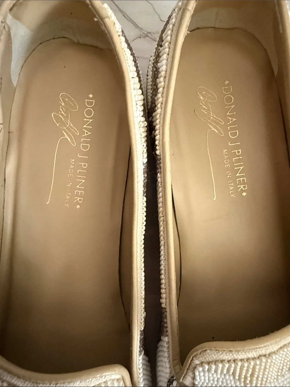 Donald J Pliner Beaded Dog Face Loafers in Beige and Tan